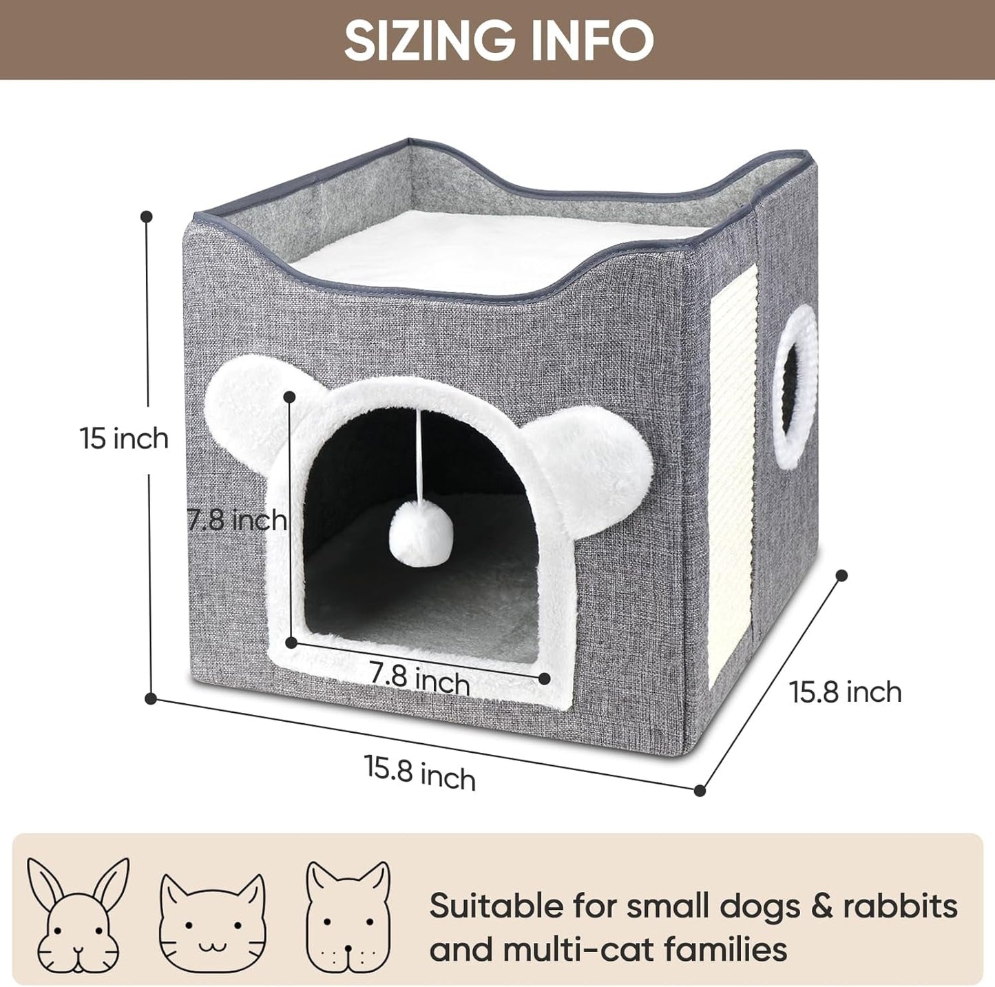 Katzenbetten für Indoor Katzen, Faltbares Katzenhaus, Katzenhöhle 2 Schicht Würfel Großer Raum Katzenbett mit Kratzbrett und Spielball, 15,8 x 15,8 x 15 cali