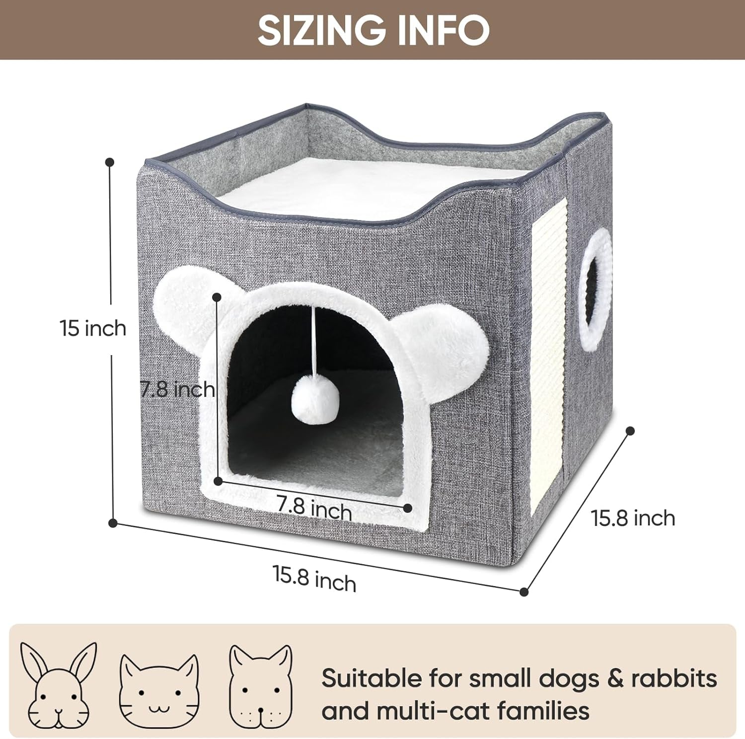 Katzenbetten für Indoor Katzen, Faltbares Katzenhaus, Katzenhöhle 2 Schicht Würfel Großer Raum Katzenbett mit Kratzbrett und Spielball, 15,8 x 15,8 x 15 cali