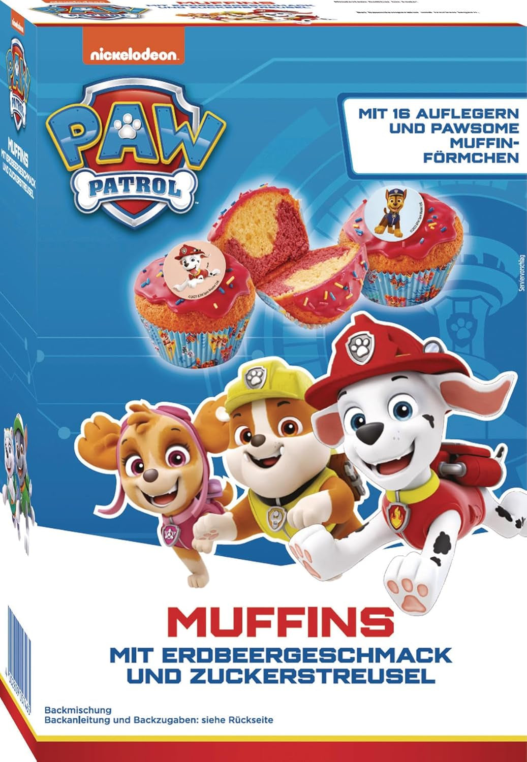 RUF X PAW Patrol Muffin Backmischung Mit Erdbeer-Geschmack, Für 12 Paw Patrol Muffins, Inkl.16 Oblaten-Auflegern Und Pawsome Muffin-Förmchen, 1 X 394G Naty Shop 392 G (opakowanie 1Er) Babeczki