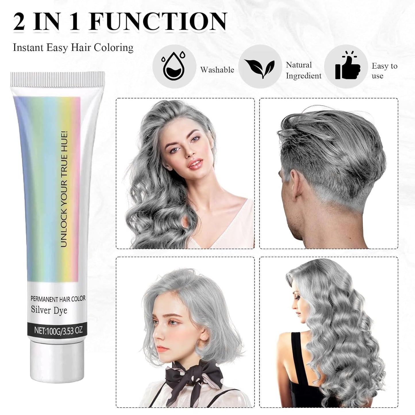 Farba do włosów Szary Srebrny Naturalny Srebrnoszary Krem do farbowania włosów, Szary Krem do farbowania włosów Srebrnoszary, Srebrnoszary Naturalny krem do farbowania włosów Szara Farba do włosów do wszystkich rodzajów włosów z 1 masażerem do skóry głowy (100ml) Farba do włosów Naty Shop