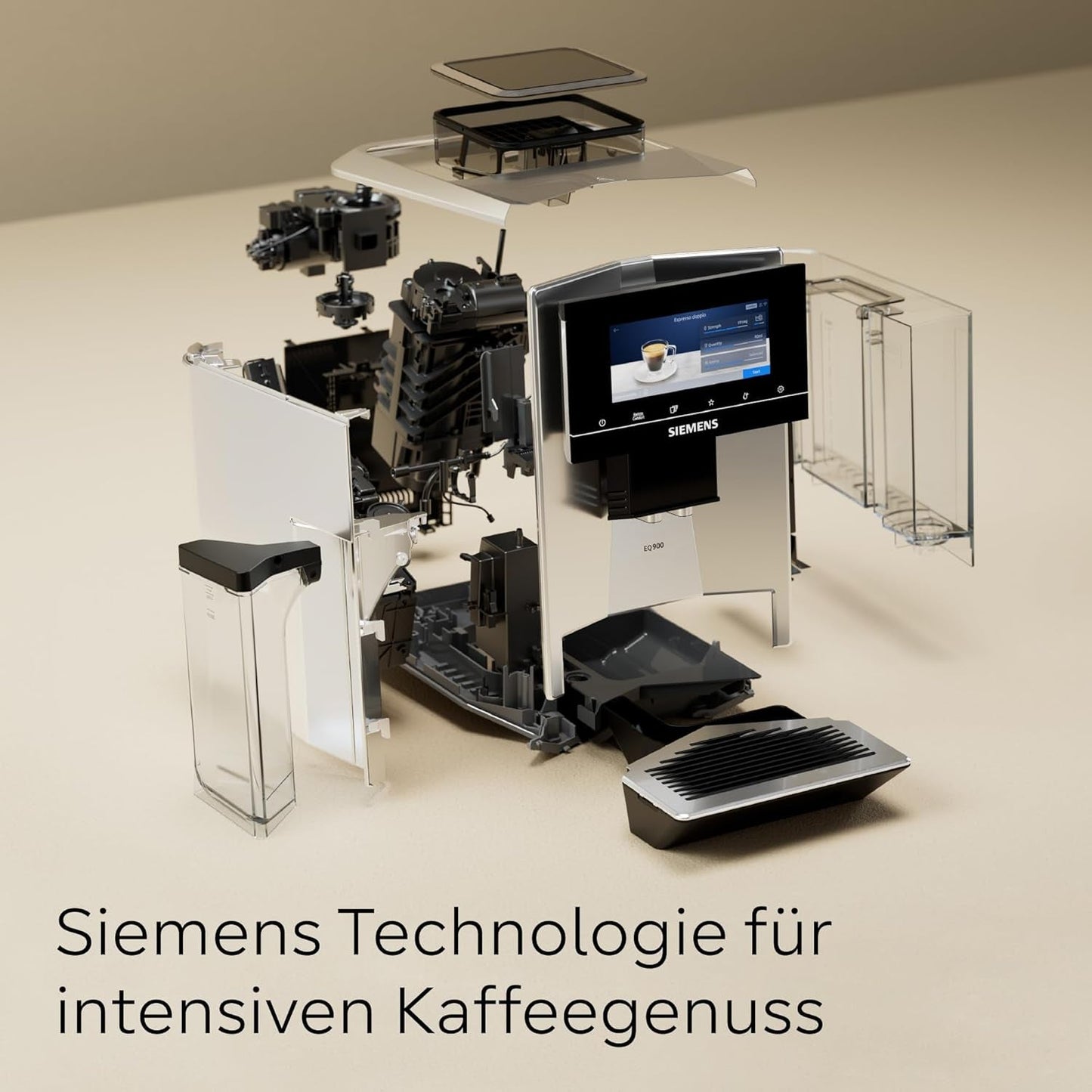 Automatyczny ekspres do kawy Siemens EQ900 TQ903D03, sterowanie z aplikacji, intuicyjny wyświetlacz dotykowy, tryb baristy, AromaBoost, redukcja szumów, młynek Premium, automatyczne czyszczenie parą, 1500 W, stal nierdzewna