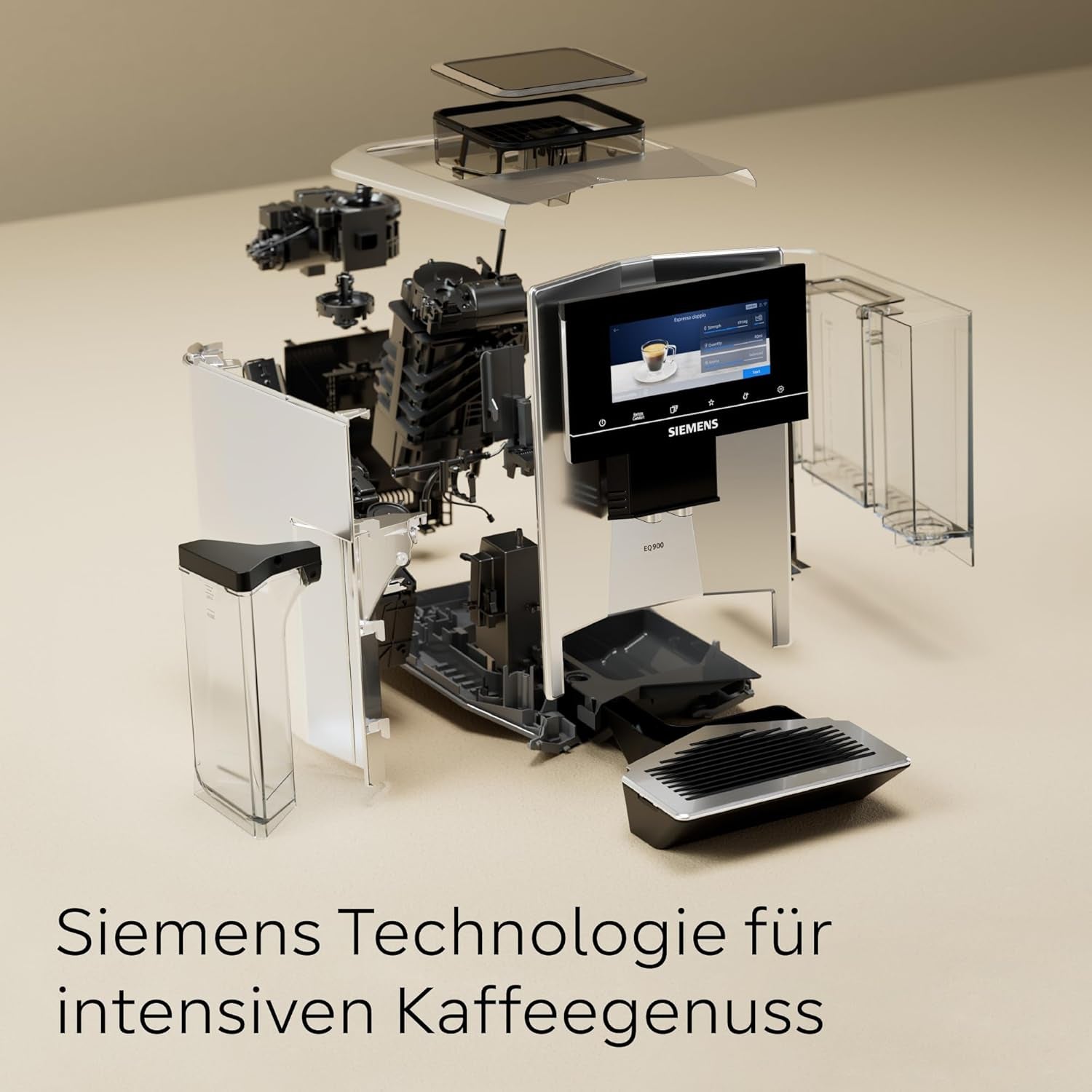 Automatyczny ekspres do kawy Siemens EQ900 TQ903D03, sterowanie z aplikacji, intuicyjny wyświetlacz dotykowy, tryb baristy, AromaBoost, redukcja szumów, młynek Premium, automatyczne czyszczenie parą, 1500 W, stal nierdzewna