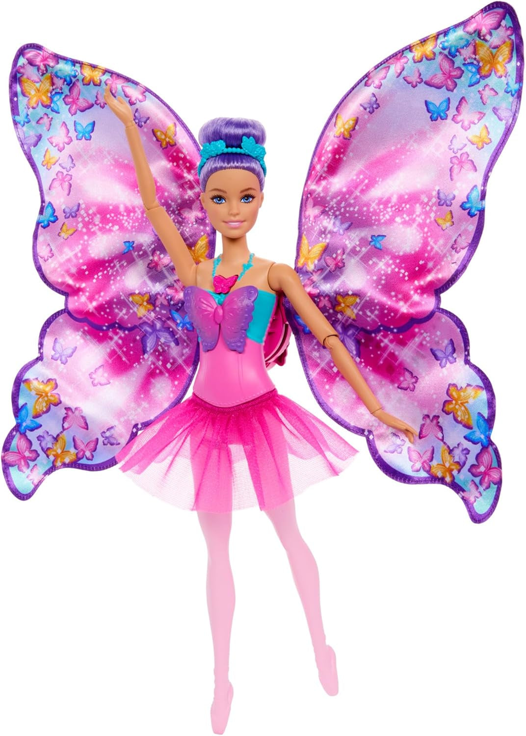 Barbie Tancerka i Motyl 2 w 1 Przemieniająca tancerkę w motyla z otwieranymi skrzydłami, fioletowymi włosami, akcesoriami do włosów i odpinaną spódniczką Tutu, HXJ10