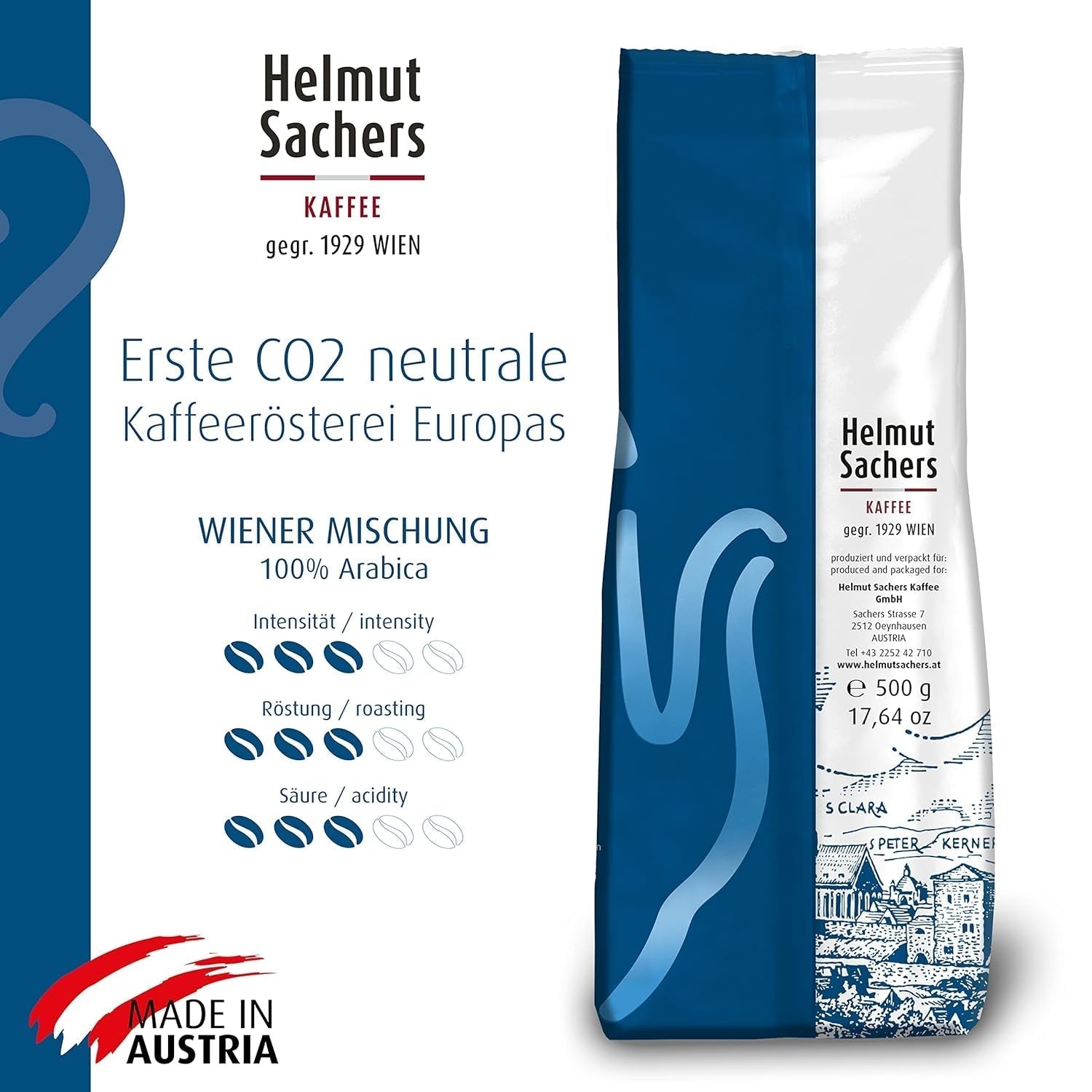 Helmut Sachers Kaffee - mieszanka wiedeńska, moc 3/5, 100% arabiki, całe ziarna kawy, 6 x 500 g Naty Shop