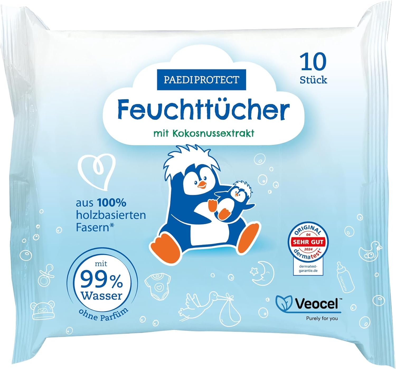 PAEDIPROTECT Chusteczki nawilżane dla dzieci 1 x 10 szt. Chusteczki nawilżane dla dzieci Sensitive Chusteczki nawilżane na bazie wody 99% wody Bezzapachowe Dla dzieci i dzieci Delikatna skóra Ekstrakt z kokosa Bez mikroplastików Wegańskie (5 szt.)