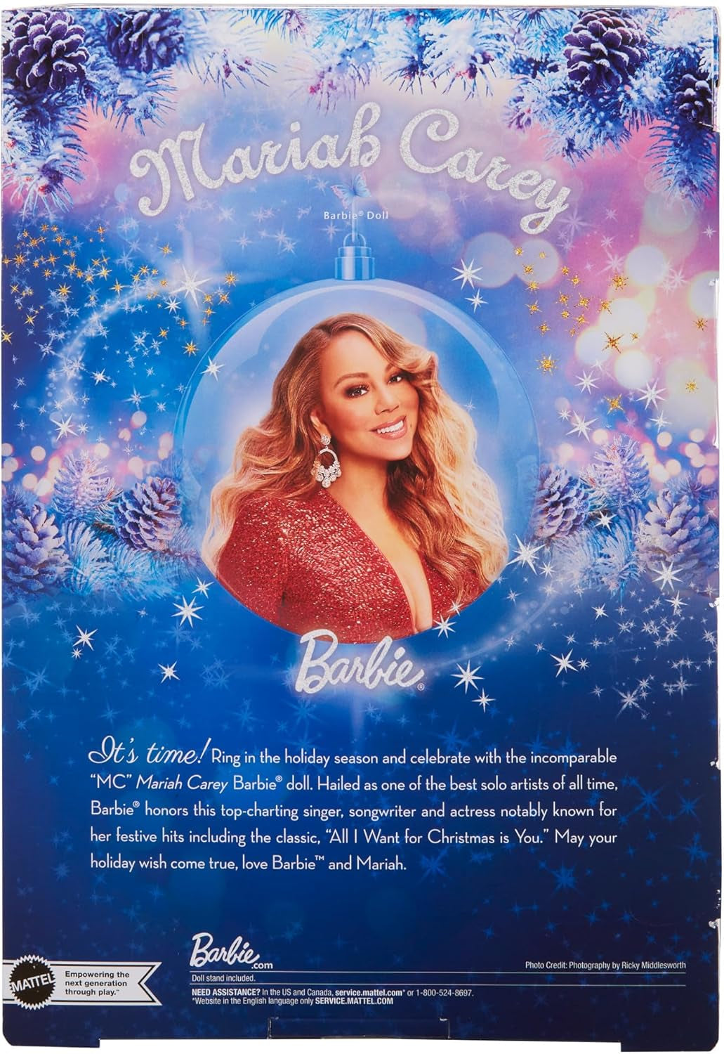Barbie Mariah Carey - lalka kolekcjonerska z błyszczącą czerwoną sukienką, falbankami, rozcięciem, uroczymi lokami, srebrnymi dodatkami, czerwonymi szpilkami, tradycją bożonarodzeniową, dekoracją, HJX17