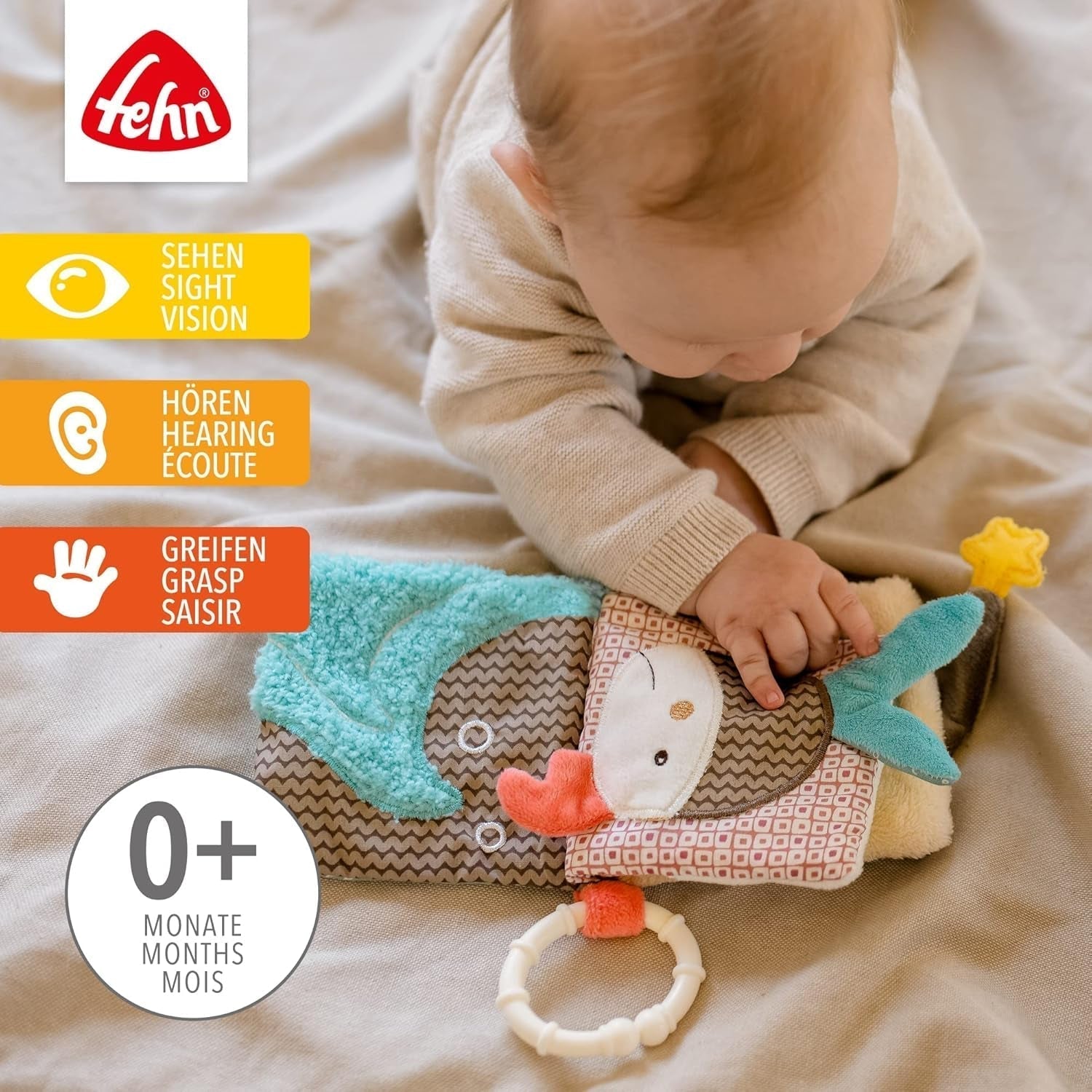 Fehn Play Glove Safari - Pacynki na palce Zabawka dla dzieci Małpa i słoń do chwytania i wydawania dźwięków oraz miękka książeczka z obrazkami Bruno - książeczka dotykowa dla dzieci z motywami zwierzęcymi Zabawki dla dzieci Naty Shop