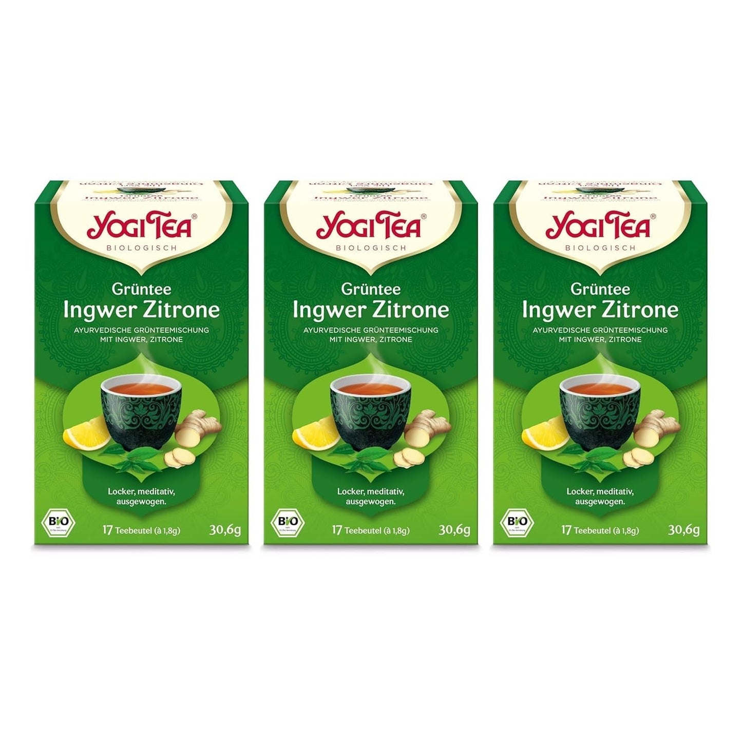 Yogi Tea - Zielona herbata z imbirem i cytryną, Organiczna herbata ajurwedyjska z przyprawami i ziołami, Mieszanka zielonej herbaty, imbiru i cytryny, Yogi Tea 3 opakowania, 3X17 torebek na herbatę (łącznie 51 torebek), Idealna na prezent