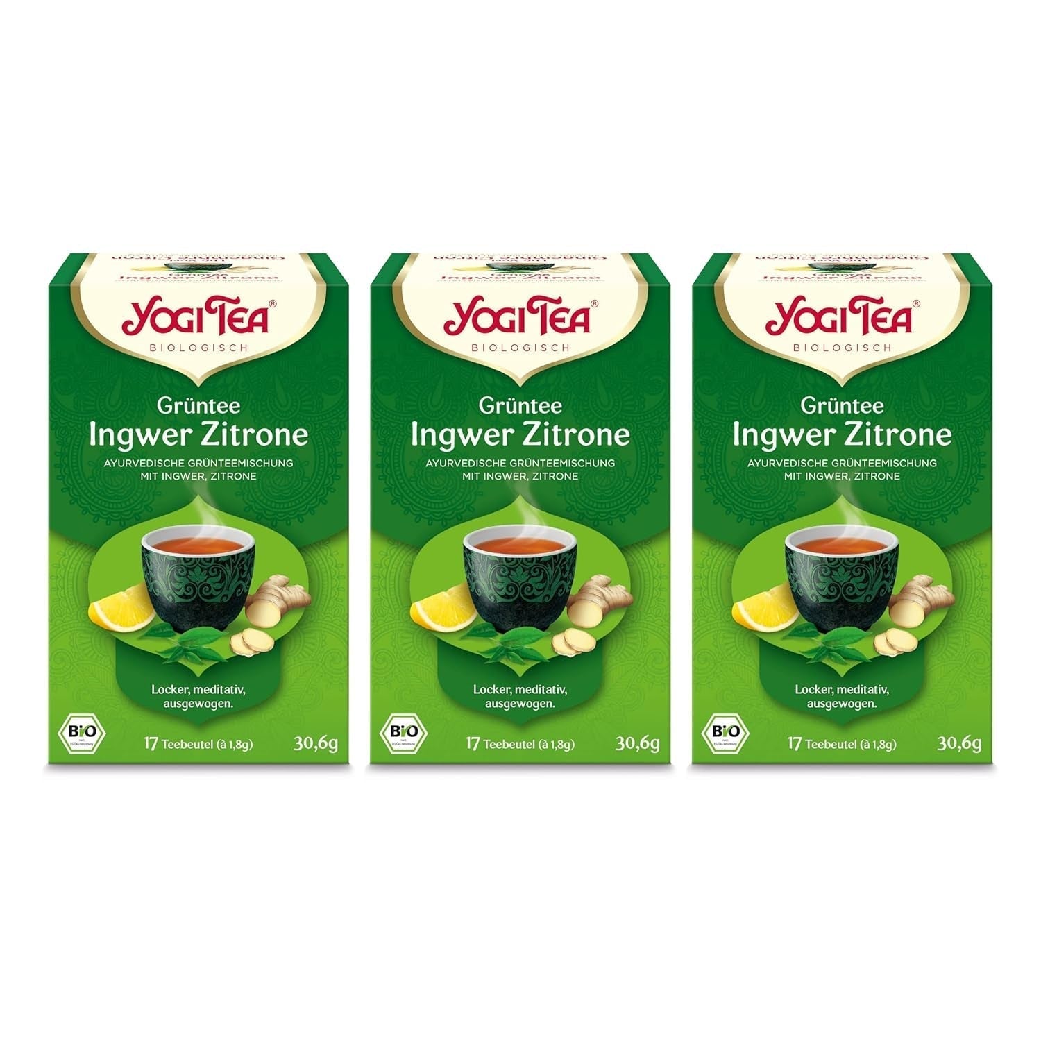 Yogi Tea - Zielona herbata z imbirem i cytryną, Organiczna herbata ajurwedyjska z przyprawami i ziołami, Mieszanka zielonej herbaty, imbiru i cytryny, Yogi Tea 3 opakowania, 3X17 torebek na herbatę (łącznie 51 torebek), Idealna na prezent