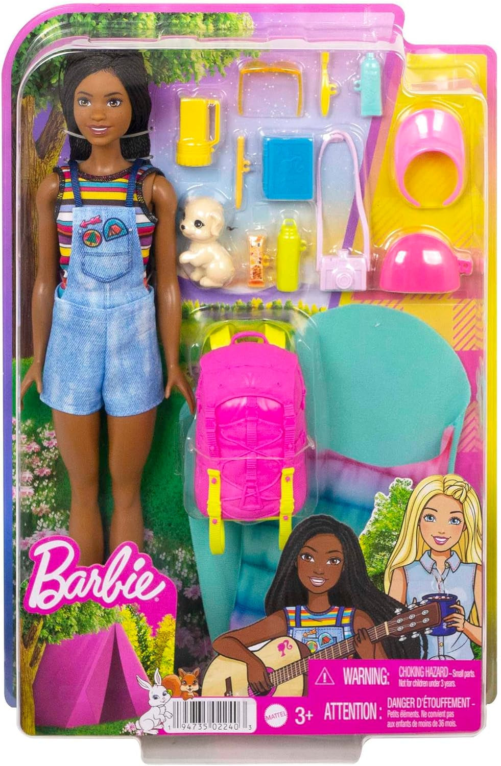 Podwójna lalka Barbie HDF74! Brooklyn Camping Doll (Brunetka z plecionymi warkoczami, ok. 29 cm) ze szczeniakiem, plecakiem, śpiworem, 10 akcesoriami kempingowymi, prezentem dla dzieci w wieku 3 lat i starszych