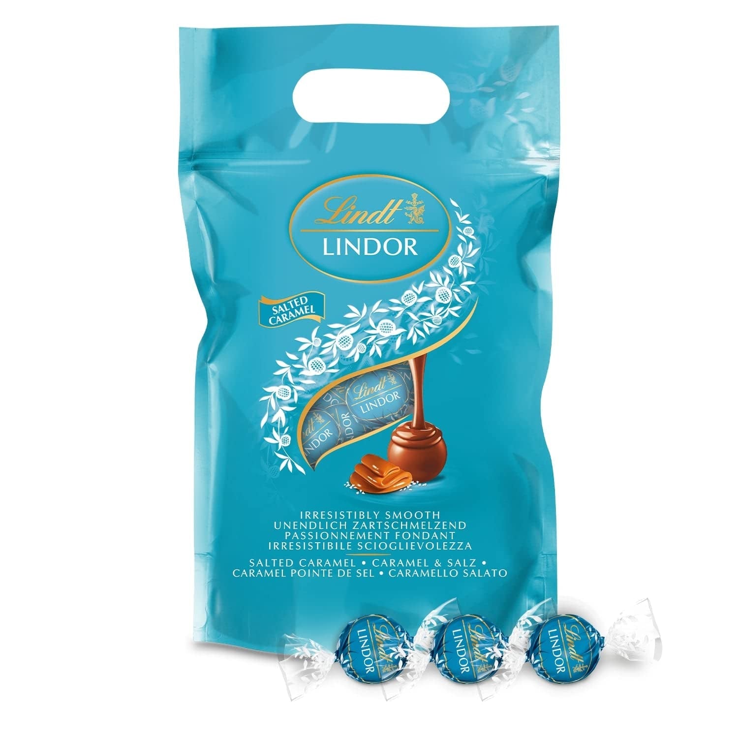 LINDOR kulki czekoladowe z solonym karmelem | ok. 80 kulek z mlecznej czekolady z nadzieniem solonym karmelem | Opakowanie zbiorcze i kulki czekoladowe Marc de Champagne | 700 gr