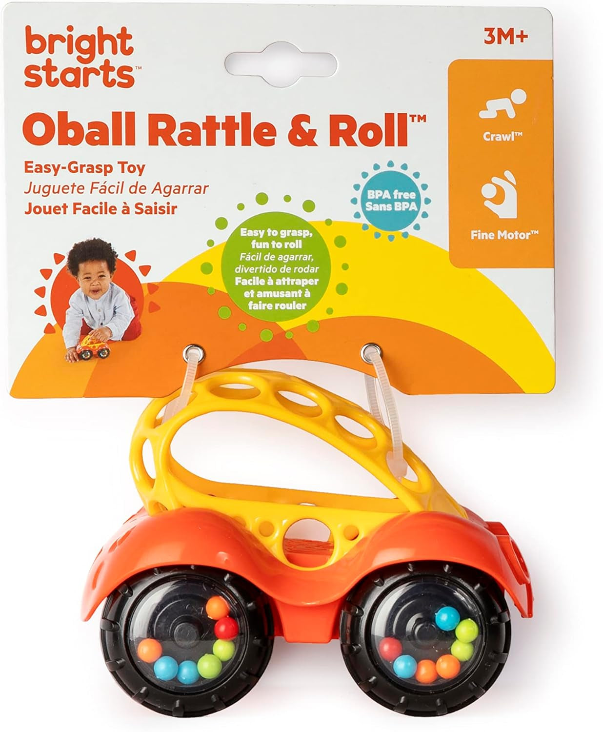Bright Starts Oball Grzechotka Autko Aktywność ruchowa Zabawka dla niemowląt i małych dzieci od 3. miesiąca życia 1 sztuka Losowy kolor Niebieski lub czerwony Zabawki dla dzieci Naty Shop
