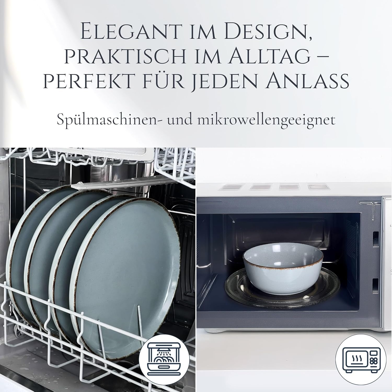 Steingut Geschirrset 6 Personen Rustic 24 tlg. TESTSIEGER, Hochwertiges Landhaussttil Steingut Geschirr Set, Schüssel- und Teller Set, Tafelservice 6 Personen, Geschirrsets Pure Living w Rauchblau
