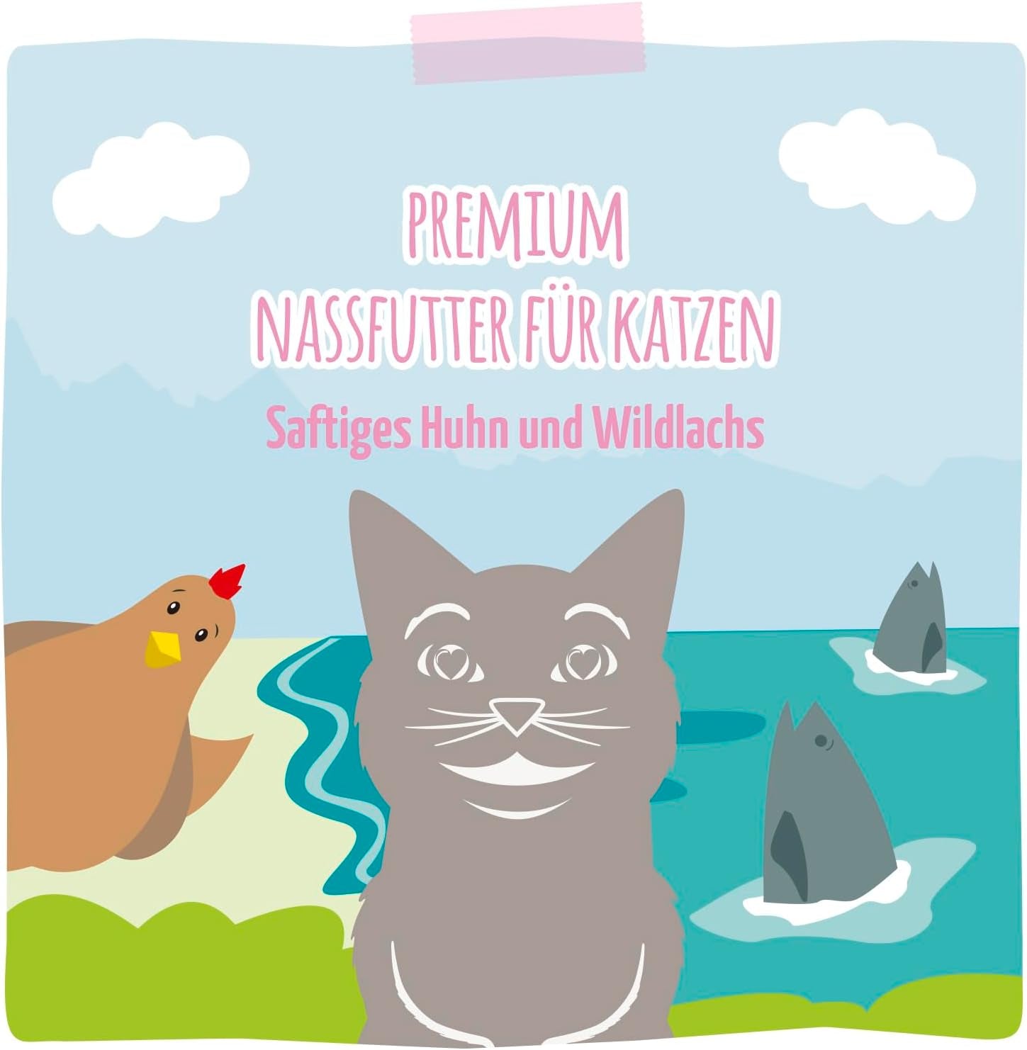MjAMjAM - Mokra karma premium dla kotów - Soczysty kurczak i dziki łosoś, 6 szt. (6 x 400 g), bez zbóż, z dodatkowym mięsem