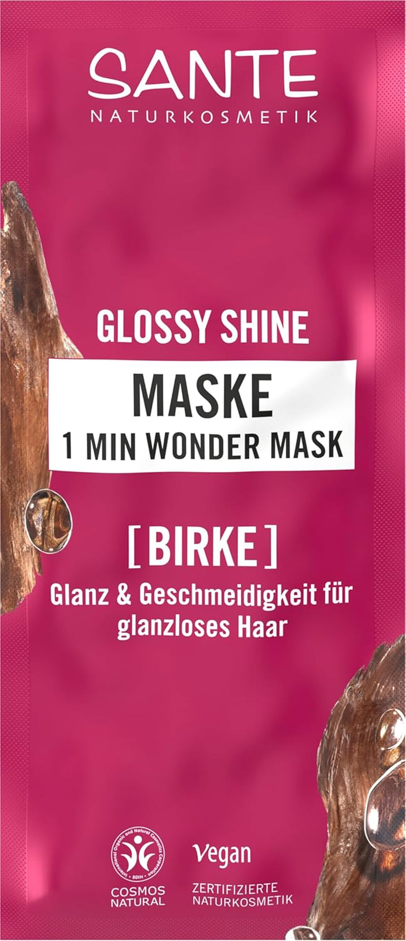 SANTE Naturkosmetik Glossy Shine 1 Min Wonder Mask, głęboka pielęgnacja matowych włosów z organicznym ekstraktem z liści brzozy i 3x kompleksem białek dla 3x większego połysku i elastyczności, wegańskie, 20ml Naty Shop Hair Mask Default Title