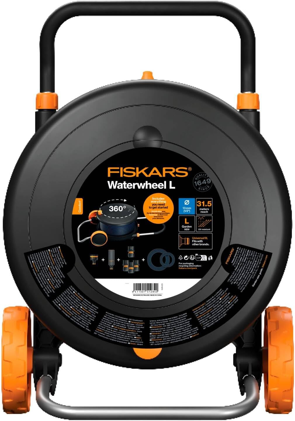 Koło wodne Fiskars Comfort L z kołami, kompleksowy zestaw do podlewania, całkowity zasięg 31,5 m, automatyczne zwijanie, uniwersalny wąż ogrodowy (Ř 13 mm), uniwersalne przyłącze do kranu, 1071670