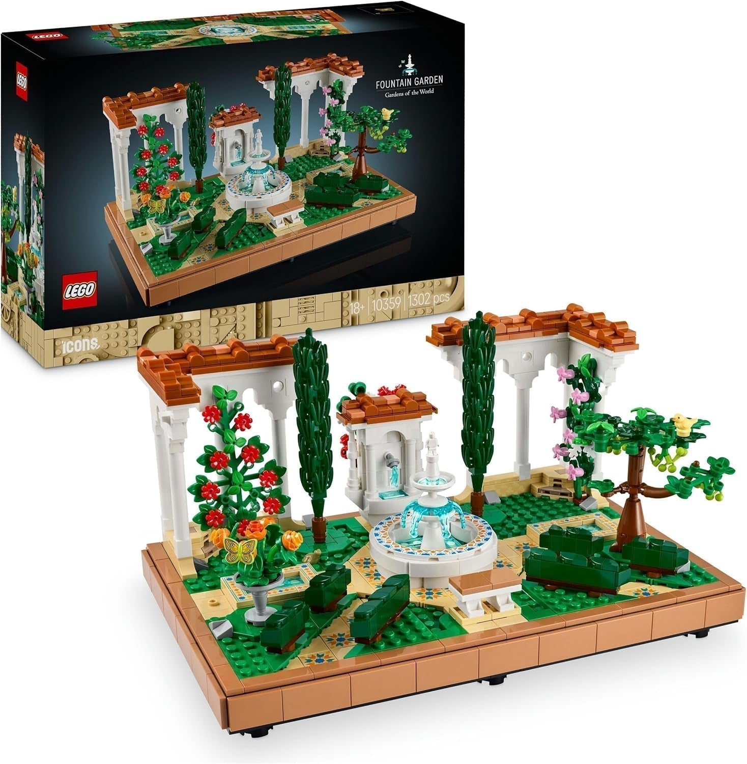 LEGO Icons Ogród fontann - Miniaturowy zestaw do budowania dla dorosłych z liśćmi, cyprysami, drzewami, pnączami i kwiatami - Pomysł na kreatywny prezent urodzinowy, prezent na parapetówkę dla kobiet i mężczyzn - 10359 Zestawy do budowania Besuche den LEGO-Store Domyślny tytuł