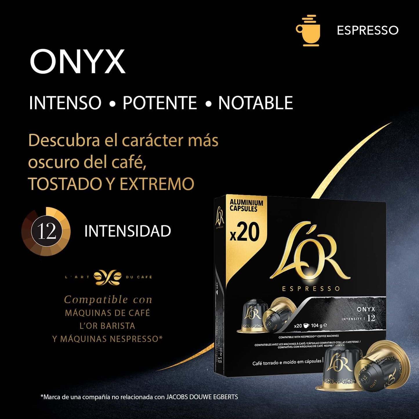 L'OR Espresso Kaffeekapseln Onyx | Intensywność 12 | 200 kompatybilnych kapsułek Nespresso (R)* — wyłącznie dla Amazon