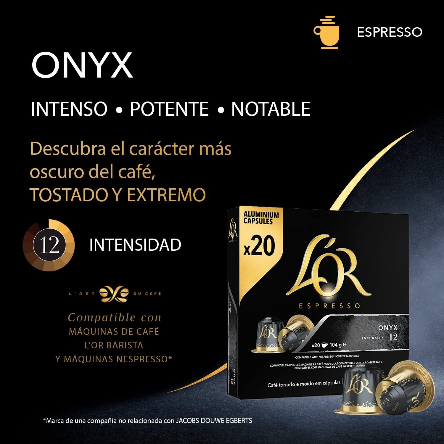 L'OR Espresso Kaffeekapseln Onyx | Intensywność 12 | 200 kompatybilnych kapsułek Nespresso (R)* — wyłącznie dla Amazon