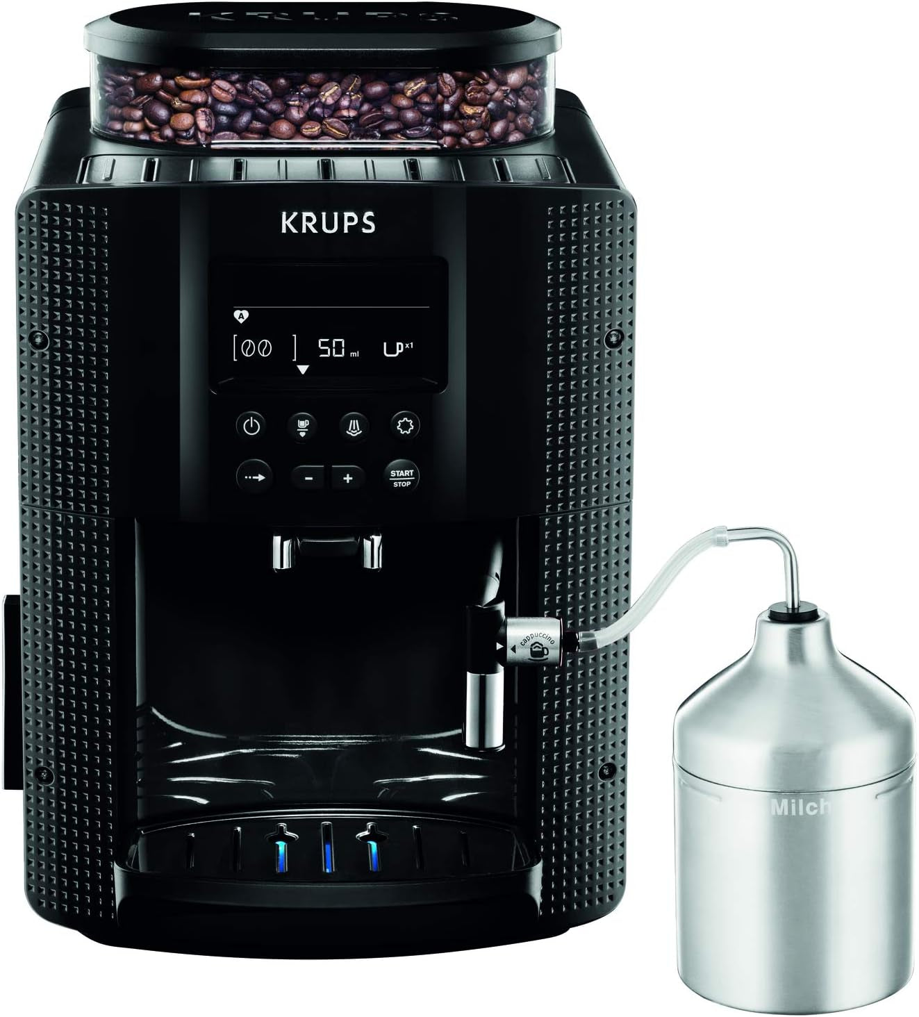 Ekspres automatyczny KRUPS Arabica Picto, kompaktowa konstrukcja, łatwa obsługa, intuicyjne regulowane pokrętło, spieniacz do mleka, funkcja 2 filiżanek, ekspres do kawy, czarny, EA810870