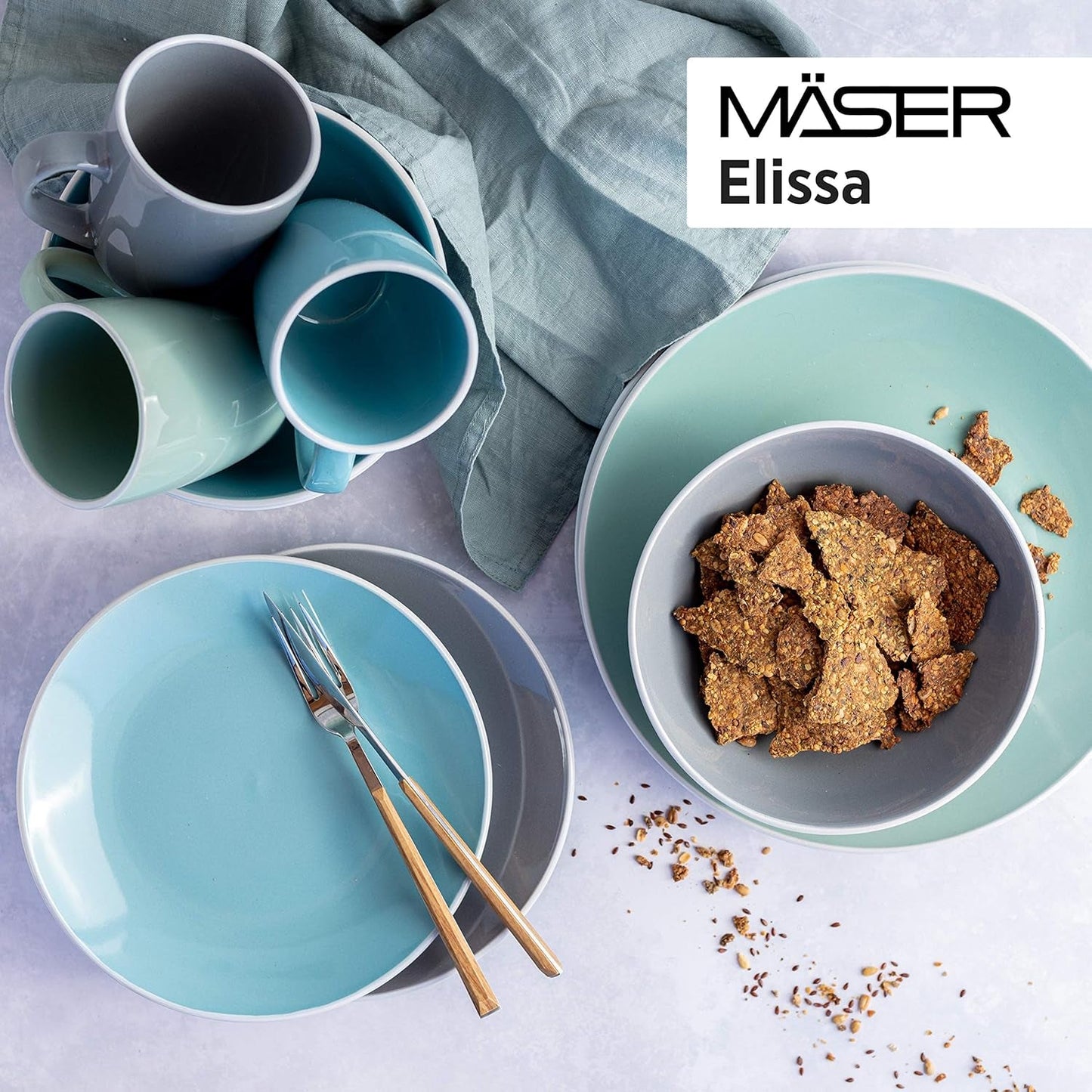 MĘSER 931844 Nowoczesny zestaw zastawy stołowej z serii Elissa na 6 osób, niebieski z białą krawędzią, 24-częściowy zestaw kombinowany, ceramiczny