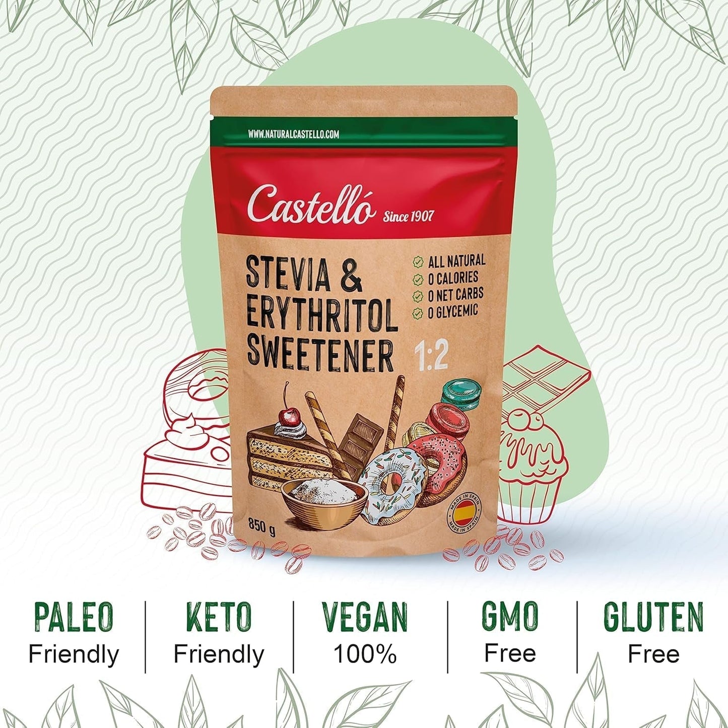 Stewia + Erytrytol 1:2 Süßstoff | 1G = 2G Zucker | 100% Natürlicher Zuckerersatz - 0 Kalorien - 0 Glykämischer Index - Keto Und Paleo - 0 Netto-Kohlenhydrat - Kein GVO - Castello od 1907 - 850 G Słodziki Naty Shop