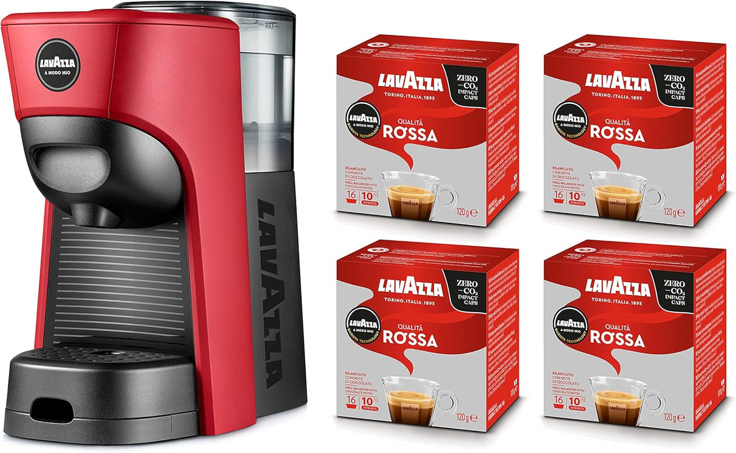 Lavazza, Espressor A Modo Mio Tiny Eco Red z 64 kapsułkami, Espressor wykonany z plastiku pochodzącego z recyklingu, 1450 W, 220-240 V, 50/60 Hz, 0,6 litra