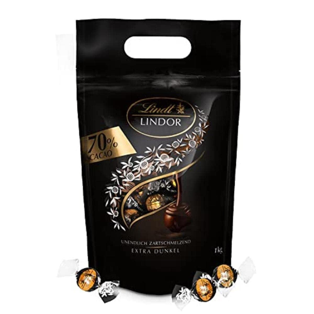 Lindt LINDOR Kulki z bardzo ciemnej czekolady i LINDOR Truskawkowe kulki czekoladowe | 1 kg zamykana torebka | ok. 80 kulek z białej czekolady z kremem truskawkowym