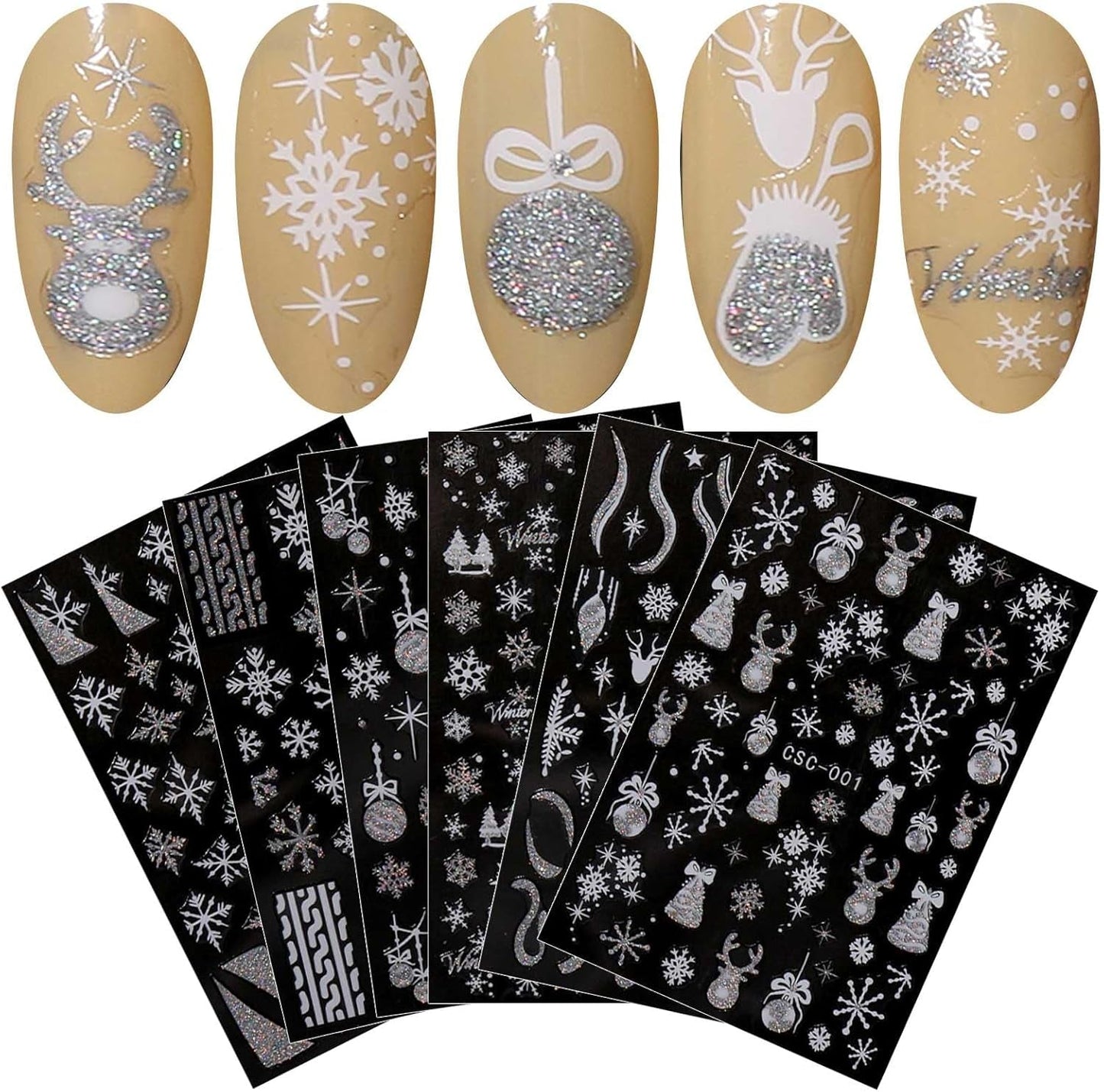JMEOWIO Nagelsticker Weihnachten Gold Glitter Silber 8 Blatt Nail Art Naklejka Selbstklebend Nagelaufkleber Schneeflocke Winterurlaub Dekoration Nageldesign Zubehör