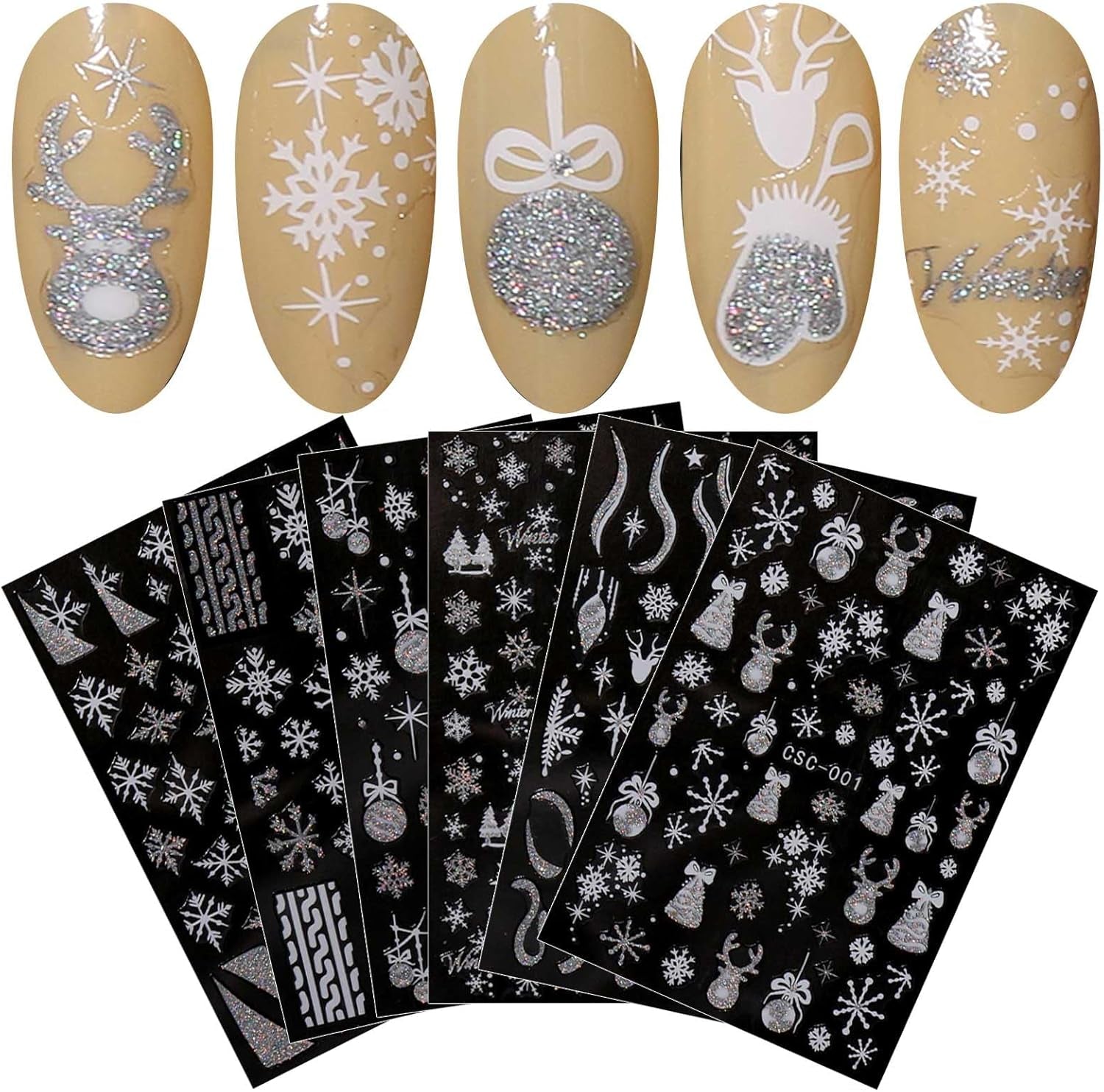 JMEOWIO Nagelsticker Weihnachten Gold Glitter Silber 8 Blatt Nail Art Naklejka Selbstklebend Nagelaufkleber Schneeflocke Winterurlaub Dekoration Nageldesign Zubehör