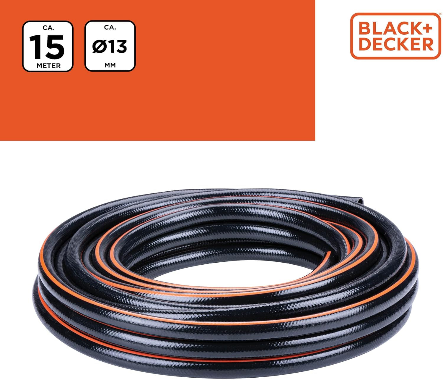 Wąż ogrodowy BLACK+DECKER 15 metrów - Ø13MM - Trwałe PCV - Podlewanie ogrodu, mycie samochodu, napełnianie basenu - Kompatybilny z każdym standardowym kranem - Czarny/Pomarańczowy