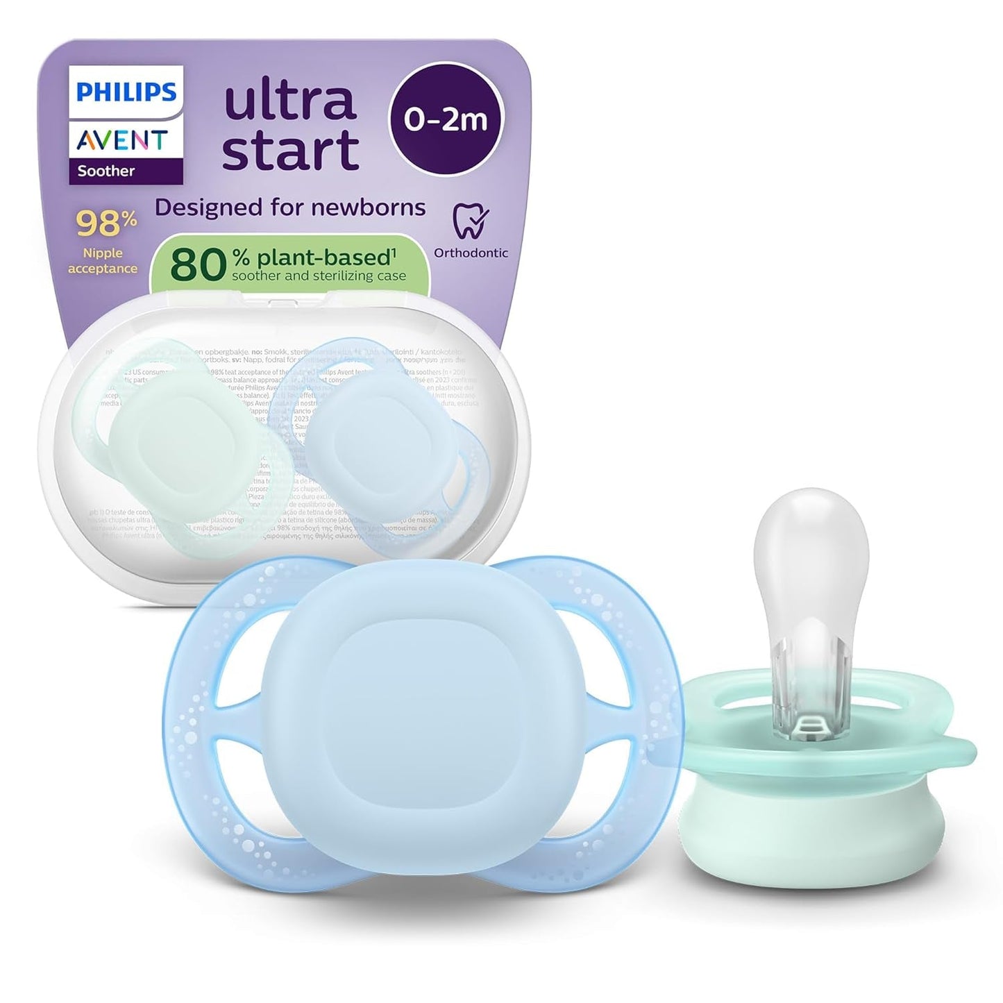 Philips AVENT Ultra Start smoczek na noc, smoczek ortodontyczny dla noworodków, świecący w ciemności, bez BPA, z pojemnikiem do sterylizacji, podwójne opakowanie, księżyc, gwiazda, SCF075/07