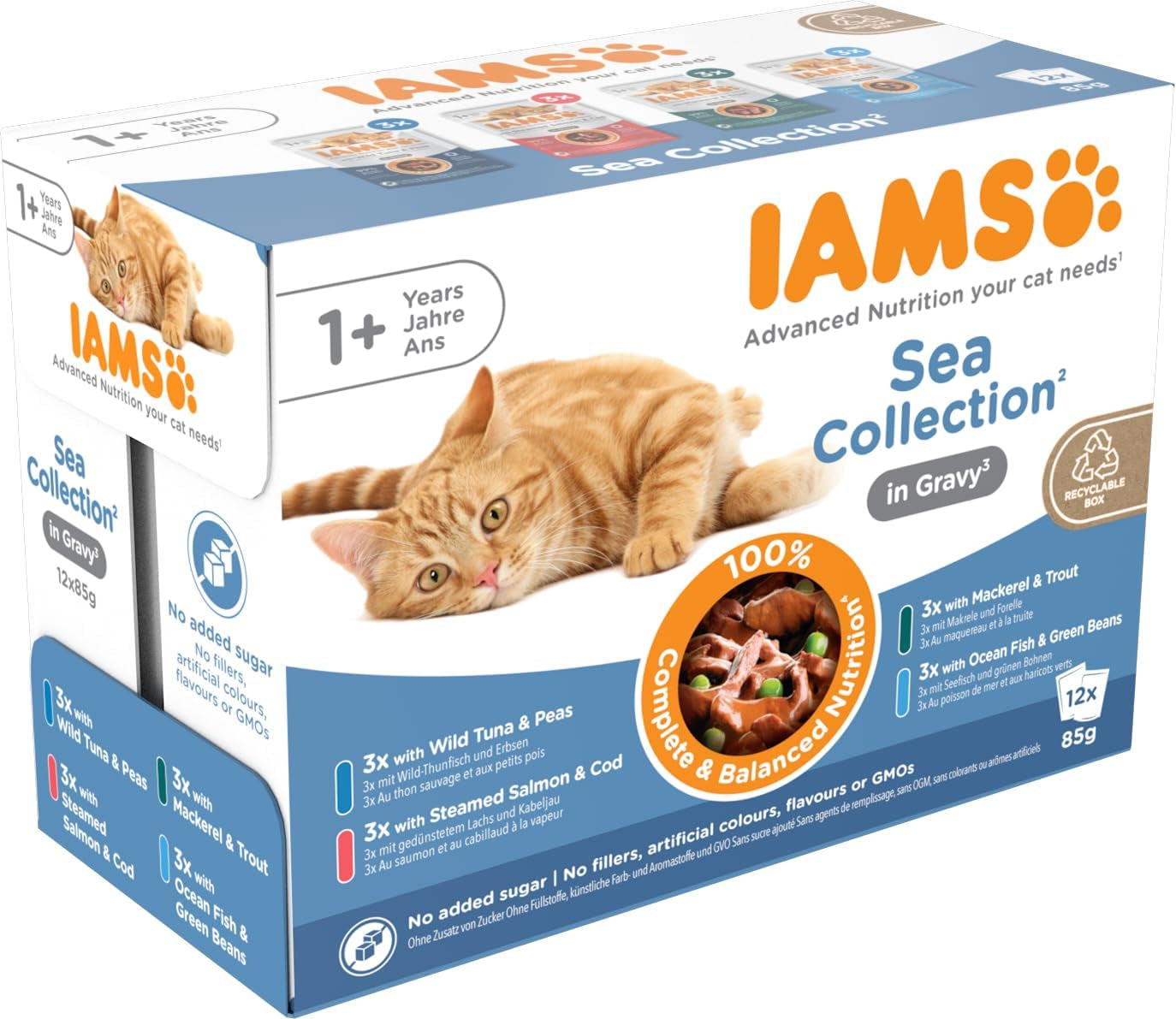 IAMS Delights Sea Collection Katzenfutter Nass - Opakowanie zbiorcze z Fisch Sorten (Lachs, Thunfisch, Makrela, Seefisch) w sosie, Nassfutter für Katzen od 1 Jahr, 12 x 85g