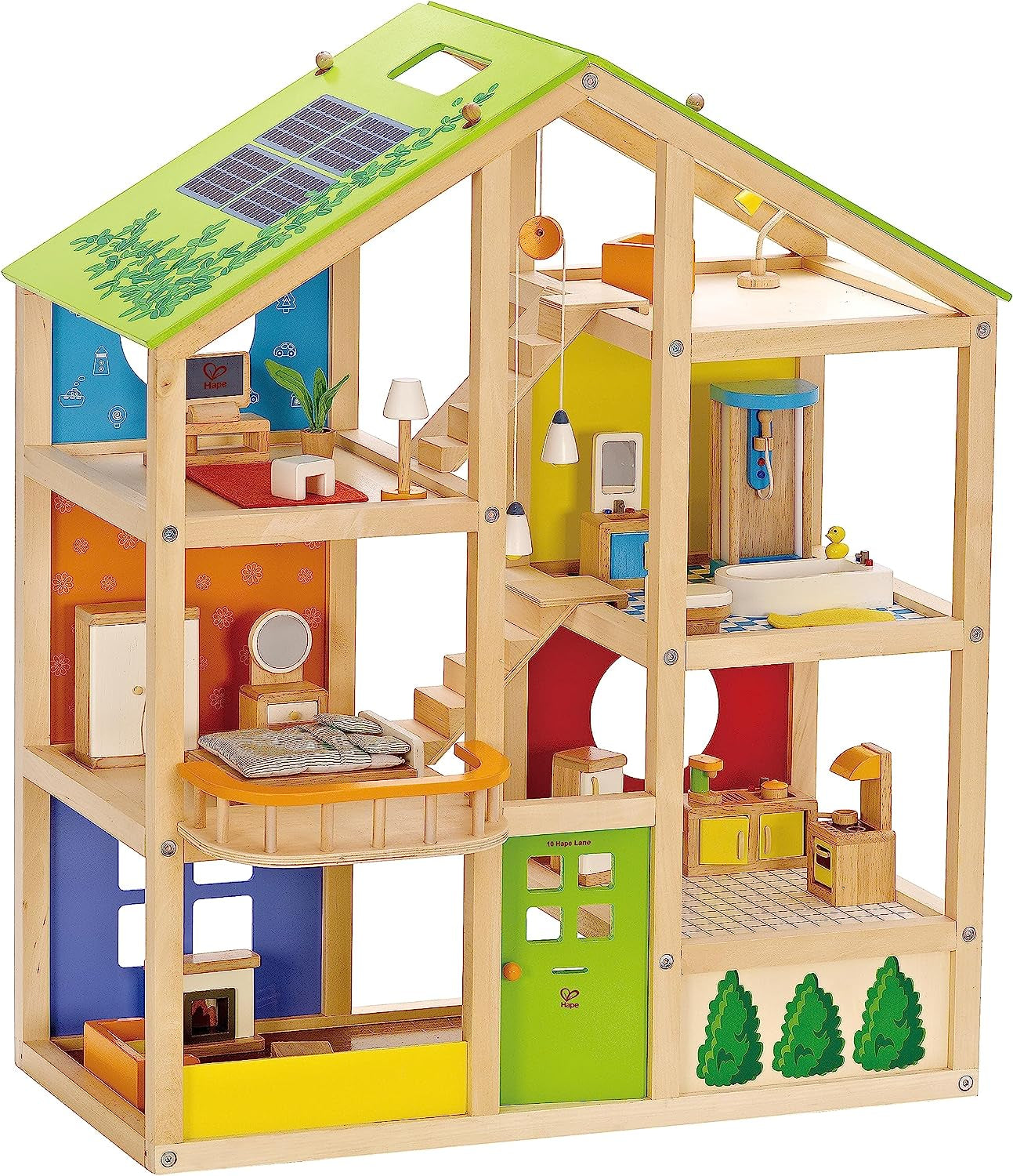 Drewniany domek dla lalek Hape Four Seasons Nagradzany trzypiętrowy domek dla lalek z meblami, akcesoriami, ruchomymi schodami i odwracanym dachem na każdą porę roku Domki dla lalek Naty Shop Domek na cztery pory roku (umeblowany)