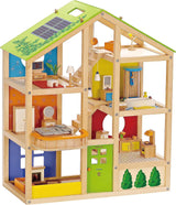 Drewniany domek dla lalek Hape Four Seasons Nagradzany trzypiętrowy domek dla lalek z meblami, akcesoriami, ruchomymi schodami i odwracanym dachem na każdą porę roku Domki dla lalek Naty Shop Domek na cztery pory roku (umeblowany)