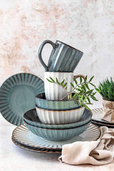 MĘSER 931966 Zestaw naczyń obiadowych z serii Confino dla 4 osób, nowoczesny wygląd vintage, ceramiczny zestaw śniadaniowy, 12 szt., kolor benzyny z czarnymi akcentami, kamionka