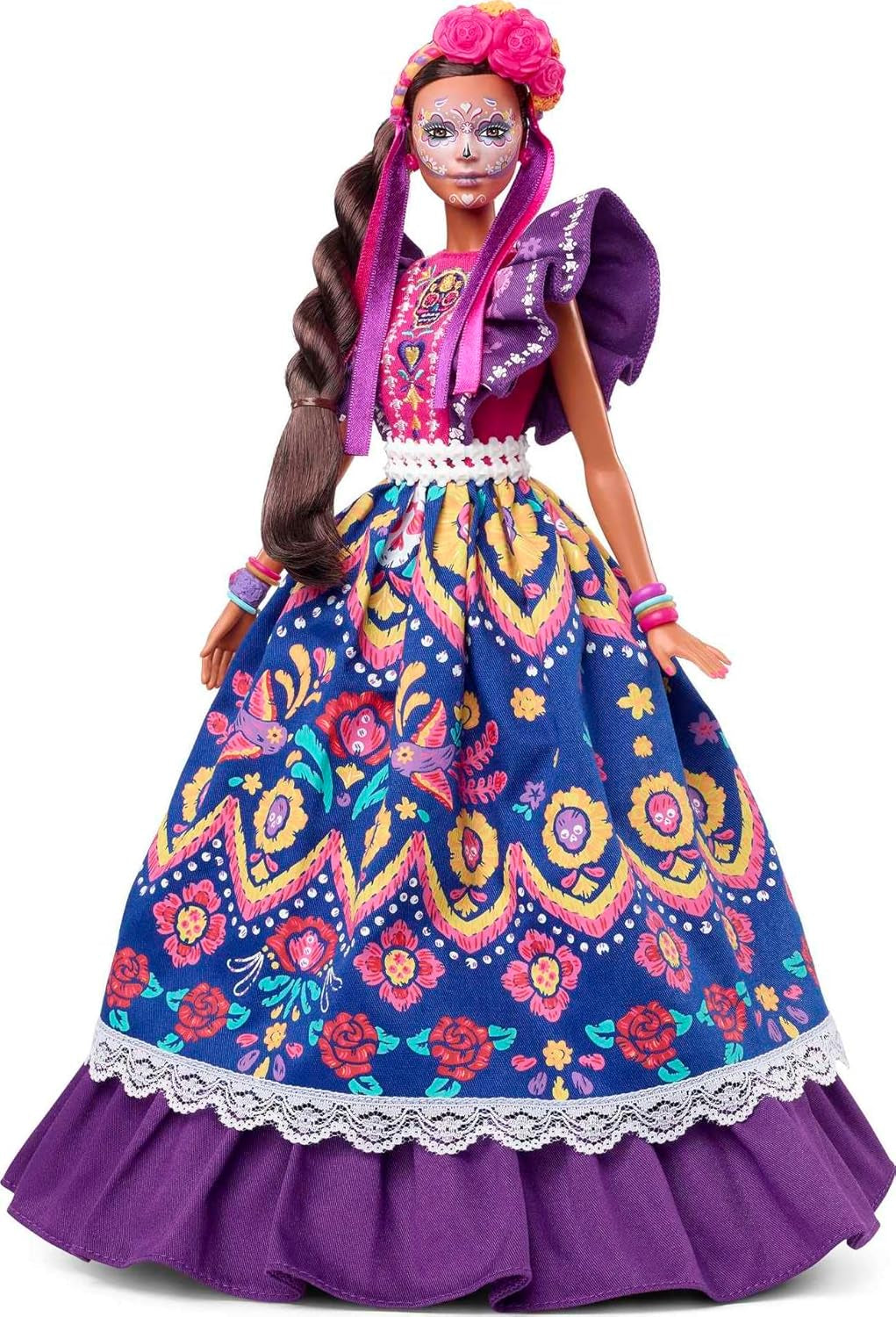 2022 Día De Muertos Lalka Barbie z marszczoną tradycyjną sukienką, wieńcem kwiatowym i farbą do twarzy Calavera, prezent dla kolekcjonerów