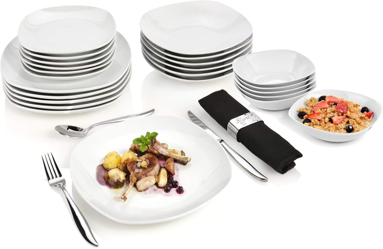SANGER | Biały Zestaw naczyń obiadowych Bilgola, 24-częściowy zestaw naczyń porcelanowych na 6 osób, talerze kwadratowe, talerze obiadowe | KOLEKCJA PREMIUM