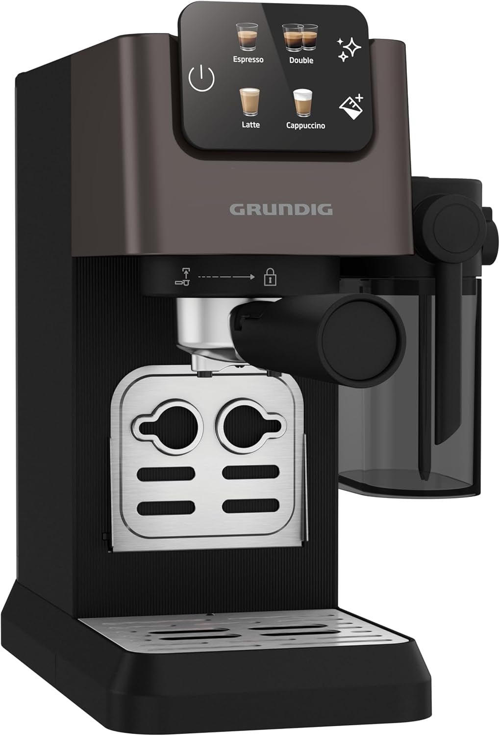 Ekspres do kawy z kolbą GRUNDIG KSM 5330 ze zintegrowanym pojemnikiem na mleko, moc 1628 W, ciśnienie pompy 15 bar, podwójna dysza, kolorowy wyświetlacz dotykowy, BrewSense, CreamyPro, Ciemna stal nierdzewna/Czarny