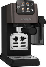 Ekspres do kawy z kolbą GRUNDIG KSM 5330 ze zintegrowanym pojemnikiem na mleko, moc 1628 W, ciśnienie pompy 15 bar, podwójna dysza, kolorowy wyświetlacz dotykowy, BrewSense, CreamyPro, Ciemna stal nierdzewna/Czarny
