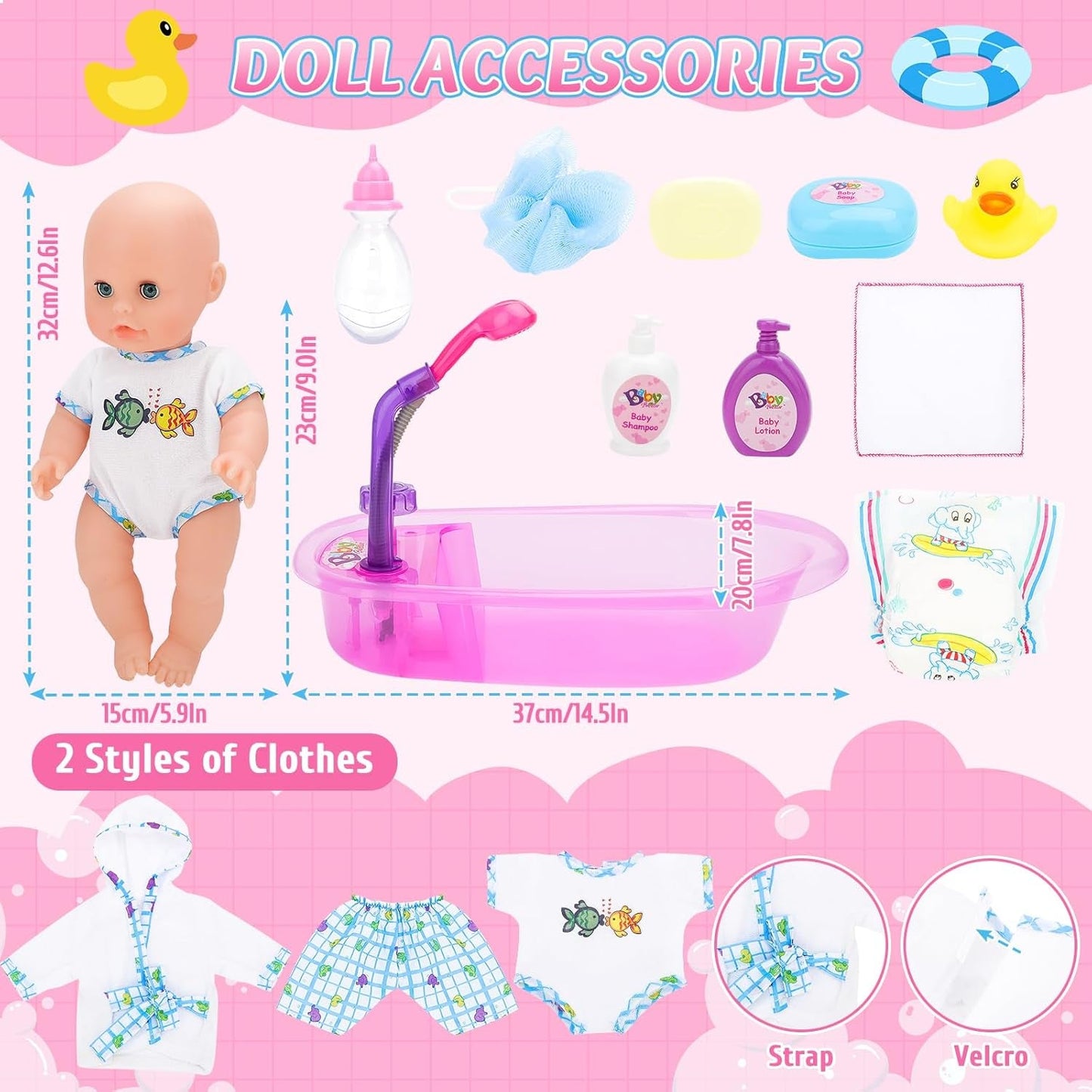 Zestaw wanny dla lalek deAO, interaktywna lalka 33 cm, wanienka dla lalek, zestaw dla lalek ze smoczkiem, ubranka dla lalek, szlafrok, pieluchy dla lalek, wanna i funkcjonalny spray pod prysznic