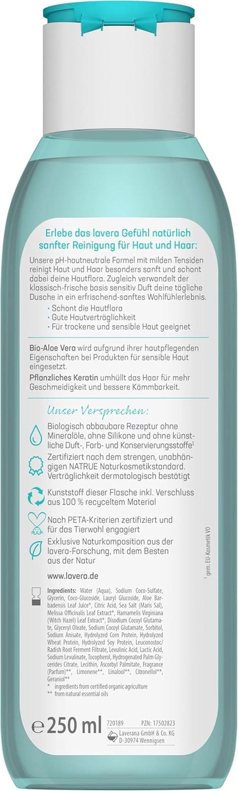 Lavera Care Basis Sensitiv 2 w 1, Szampon i żel pod prysznic z organicznym aloesem i keratyną roślinną, 250 ml Prysznic i kąpiel Naty Shop