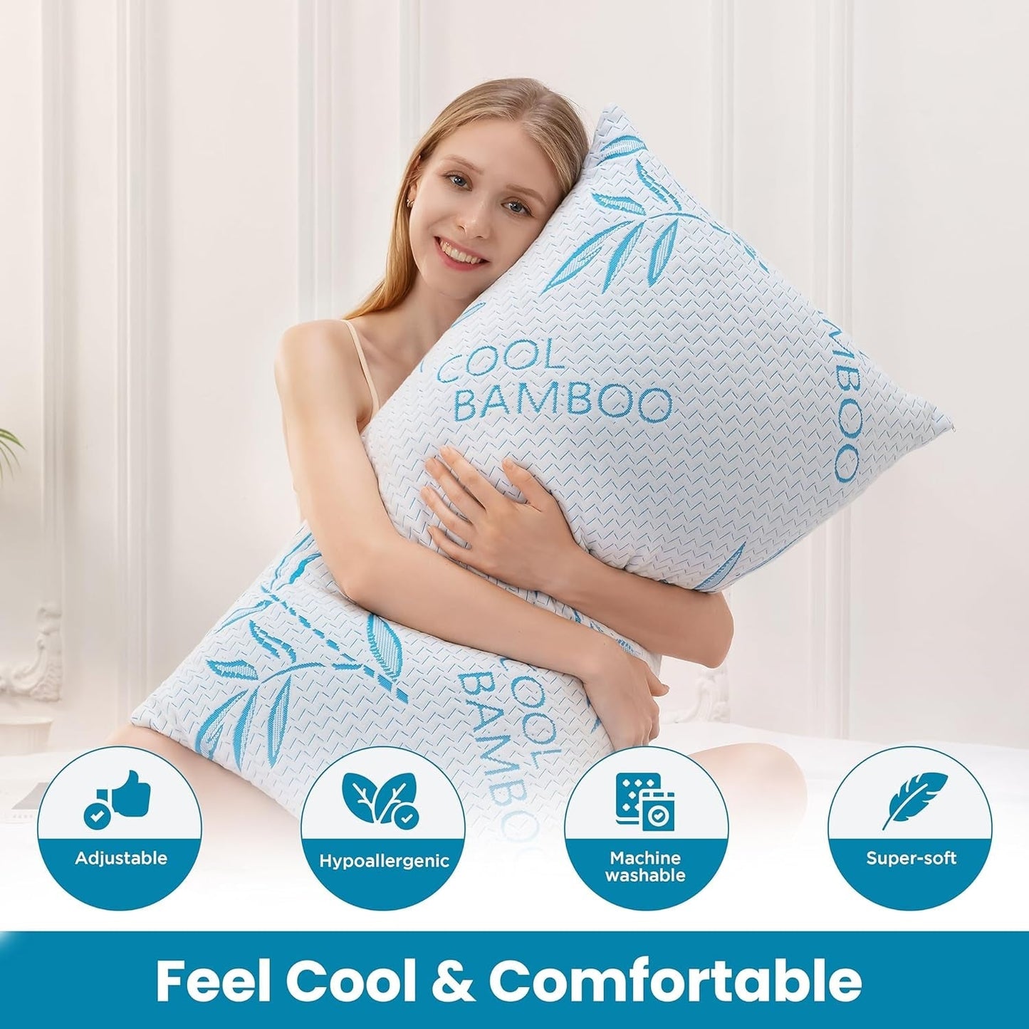 Comfysleep King Size Bambusowa poduszka z wiskozy Chłodzenie Strzępiona pianka z pamięcią kształtu Regulowana bambusowa wiskoza Zdejmowane/nadające się do prania pokrycie 2 szt. Poduszki standardowe Naty Shop