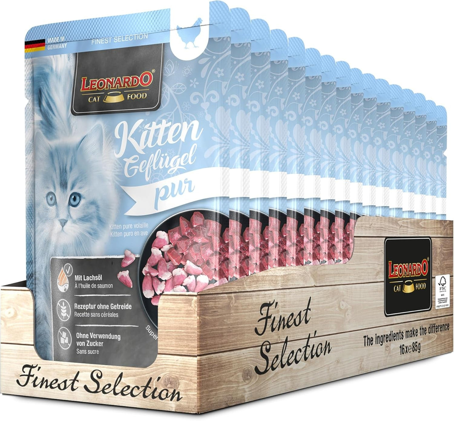 LEONARDO Fresh Pouches [16 x 85 g mokrej karmy dla kotów, bez zbóż] | Kompletna karma mokra w pojedynczych saszetkach