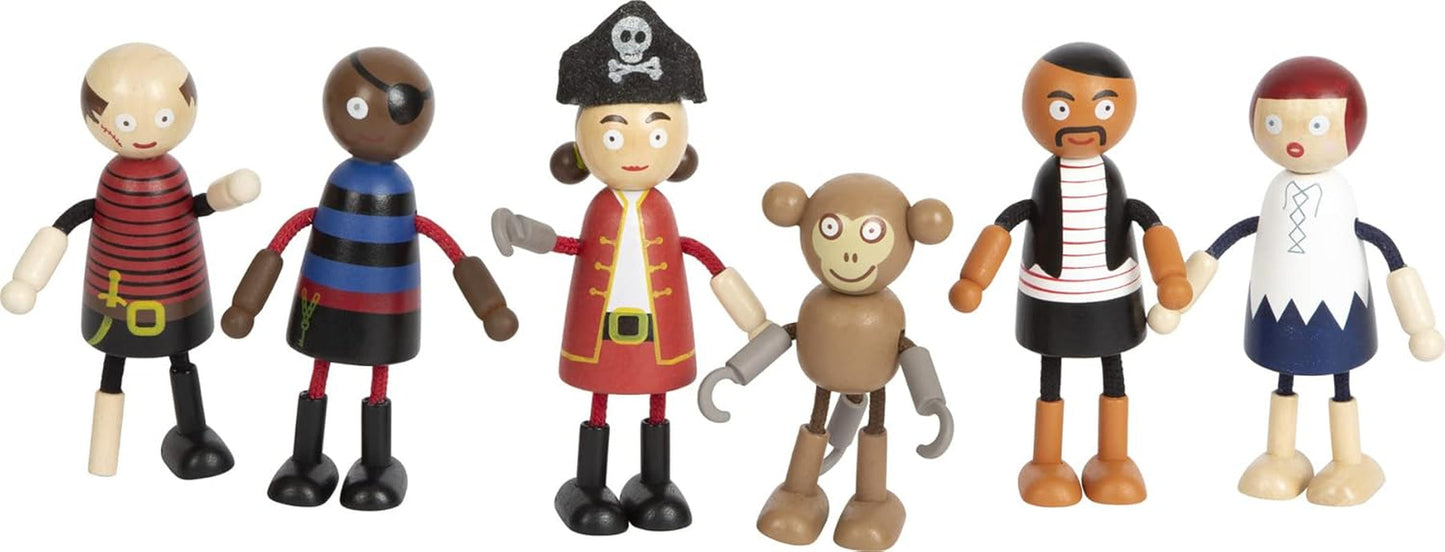 Małe elastyczne drewniane lalki piratów, 5 piratów i 1 małpa, szczegółowe i elastyczne, w wieku 3+, 12412