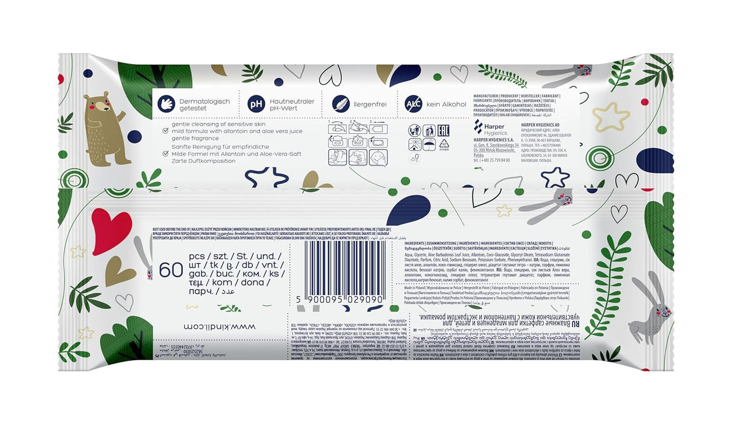 Kindii Natural Balance chusteczki nawilżane dla niemowląt – (1 x 60 szt.) Chusteczki nawilżane dla niemowląt i dzieci – Ochronne, Aloe Vera, Delikatny zapach – 60 szt.