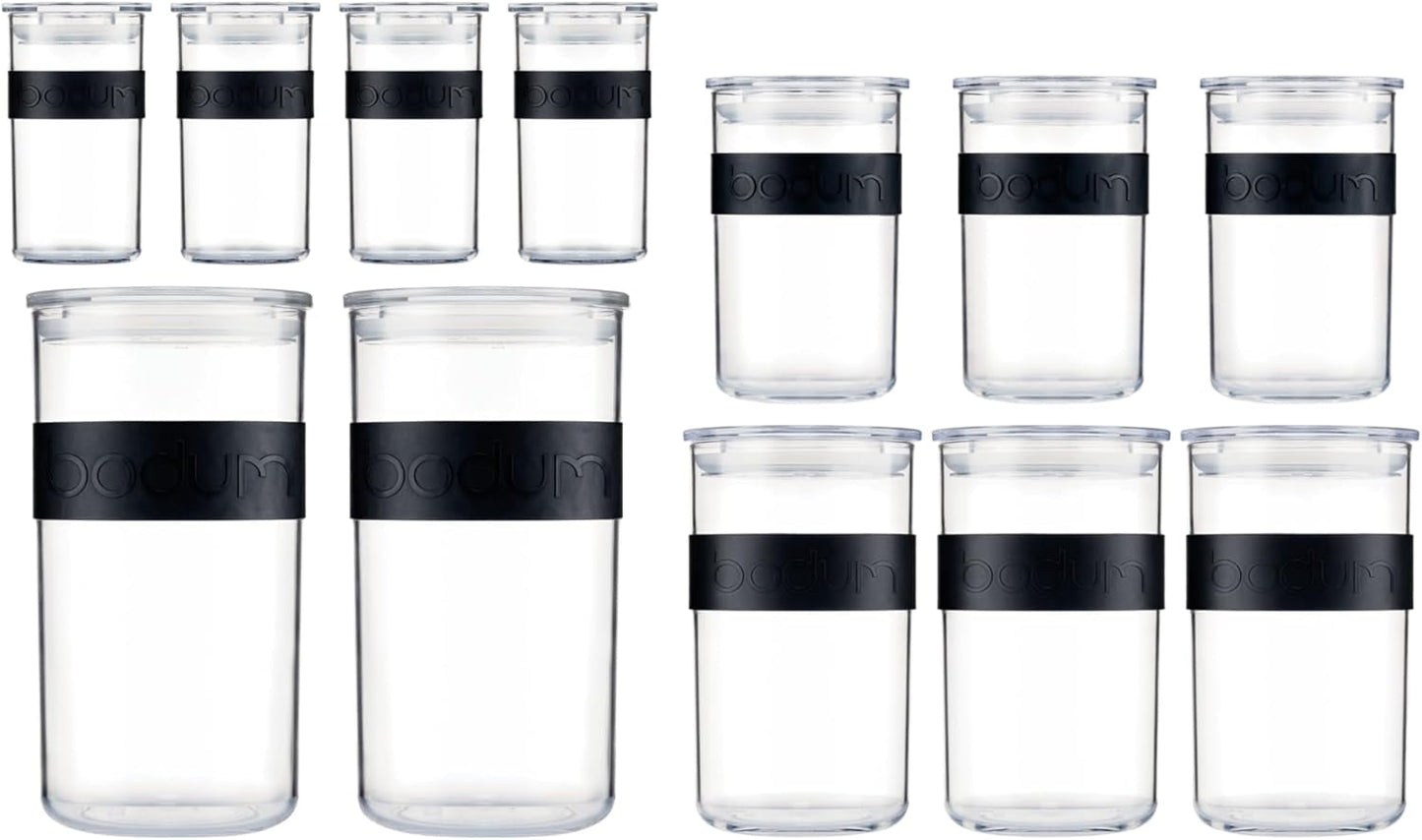 Słoiki do przechowywania BODUM PRESSO, plastikowe, czarne, 4 x 0,25 l, 3 x 0,6 l, 3 x 1 l, 2 x 2 l Pudełka do przechowywania żywności Naty Shop