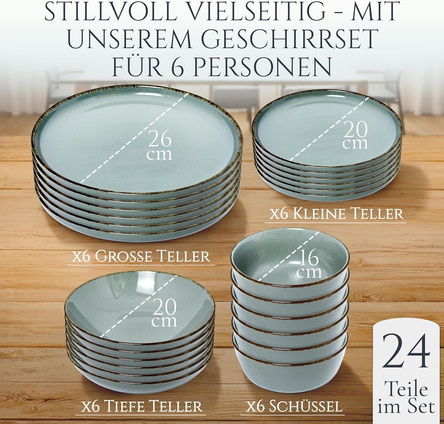 Steingut Geschirrset 6 Personen Rustic 24 tlg. TESTSIEGER, Hochwertiges Landhaussttil Steingut Geschirr Set, Schüssel- und Teller Set, Tafelservice 6 Personen, Geschirrsets Pure Living w Rauchblau