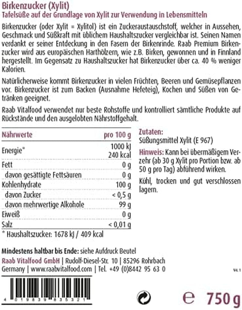 Raab Vitalfood Premium Birkenzucker, Xylit, Wegańskie, 1:1 Zucker-Alternatywa, Süßungsmittel, Zahnfreundlich, Vorratspack, 750 G Słodziki Naty Shop
