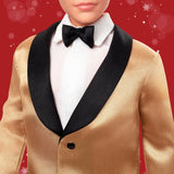 Barbie Signature 2025 Holiday Blonder Ken Modepuppe zum Sammeln w komplecie Anzug mit Goldener Jacke in Einer Verpackung zum Ausstellen und mit Puppenständer, JGK55